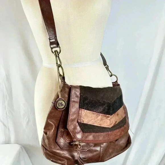 Vintage - The Sak Brown w/patterns Leather Crossbody Messenger Bag - Picture 1 of 16